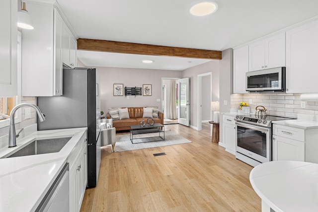 232 26th Ave N, Saint Cloud, MN 56303 - kitchen with stainless steel appliances, beam ceiling, light wood-type flooring, decorative backsplash, and white cabinets