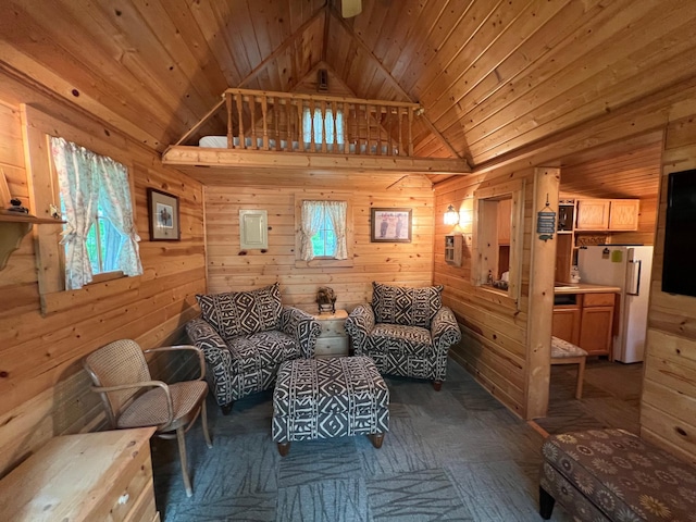 32074 315th Pl, Glen Twp, MN 56431 - living room with lofted ceiling, wood walls, and wood ceiling