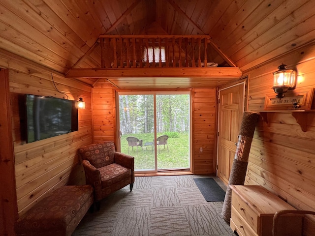 32074 315th Pl, Glen Twp, MN 56431 - living area with lofted ceiling, wood walls, wood ceiling, and carpet floors