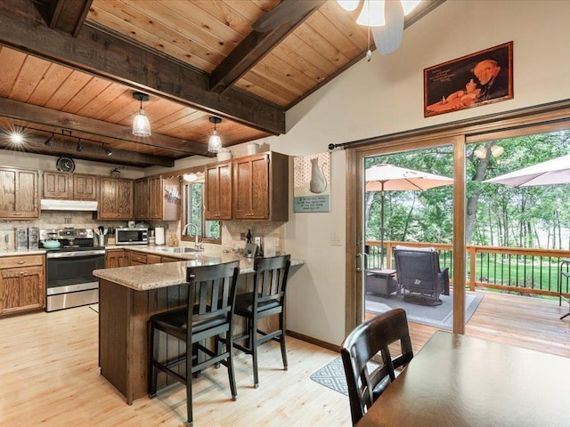 5863 Foley Rd, Baxter, MN 56425 - kitchen with appliances with stainless steel finishes, under cabinet range hood, a wooden ceiling with exposed beams, light wood-type flooring, and a peninsula
