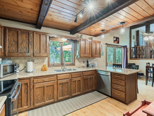 5863 Foley Rd, Baxter, MN 56425 - kitchen with appliances with stainless steel finishes, a peninsula, light wood-type flooring, wood ceiling, and decorative backsplash