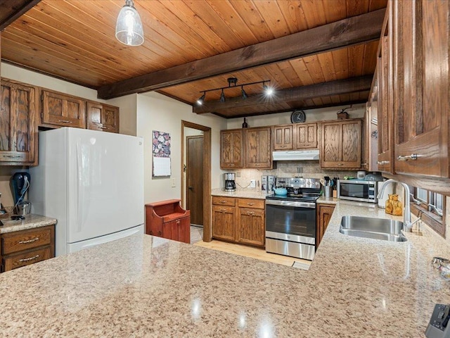 5863 Foley Rd, Baxter, MN 56425 - kitchen with stainless steel appliances, a wood ceiling with exposed beams, under cabinet range hood, backsplash, and light stone countertops