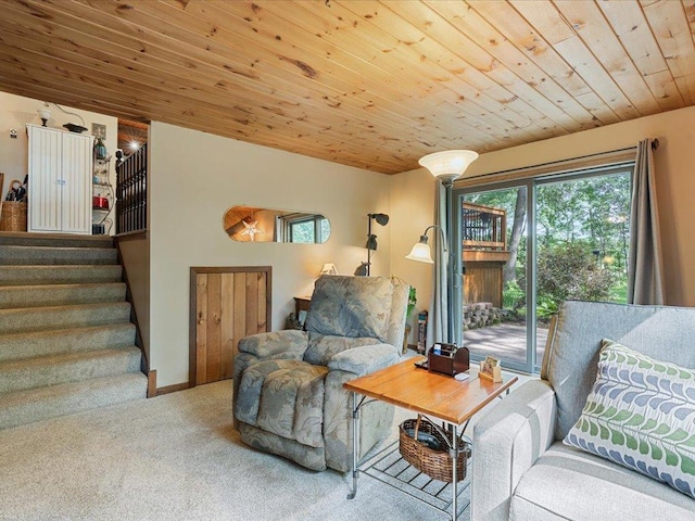 5863 Foley Rd, Baxter, MN 56425 - living area featuring carpet floors, stairway, and wooden ceiling