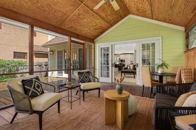 1241 Cedar Lake Rd S, Minneapolis, MN 55416 - sunroom with ceiling fan, vaulted ceiling, french doors, and an outdoor hangout area