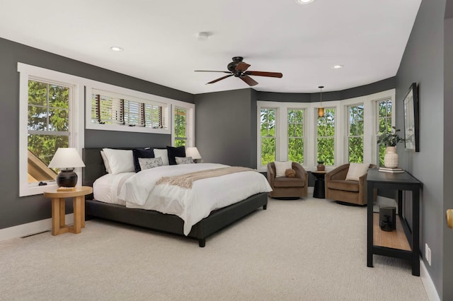 1241 Cedar Lake Rd S, Minneapolis, MN 55416 - bedroom featuring light carpet, baseboards, recessed lighting, and a ceiling fan