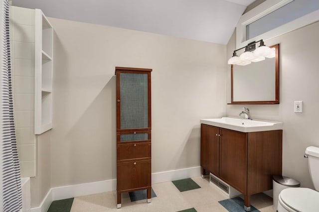 1241 Cedar Lake Rd S, Minneapolis, MN 55416 - bathroom featuring toilet, vanity, vaulted ceiling, baseboards, and bathing tub / shower combination
