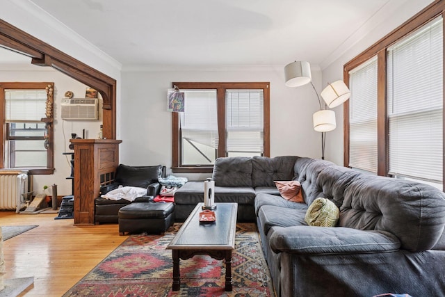 1601 Charles Ave, Saint Paul, MN 55104 - living area with radiator, healthy amount of natural light, light wood-type flooring, an AC wall unit, and crown molding