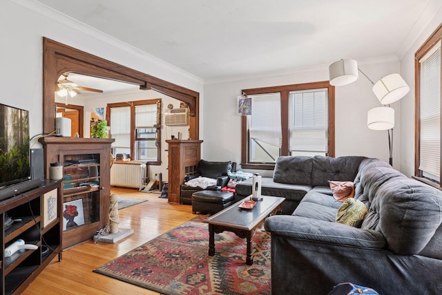 1601 Charles Ave, Saint Paul, MN 55104 - living room featuring radiator, light wood finished floors, ornamental molding, ceiling fan, and a glass covered fireplace