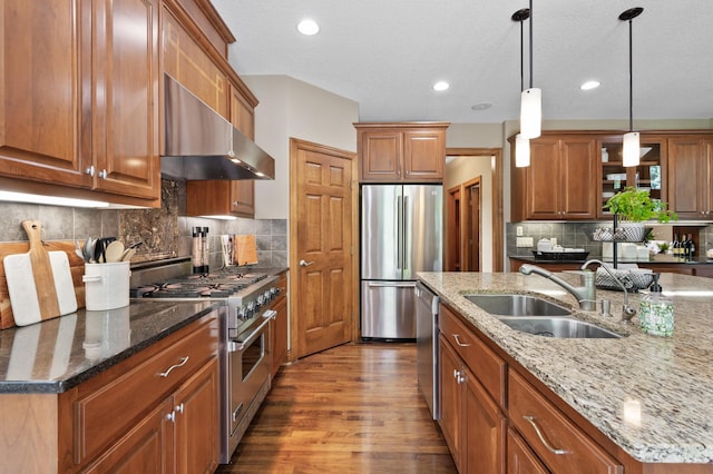 8867 Aviary Path, Inver Grove Heights, MN 55077 - kitchen with appliances with stainless steel finishes, range hood, a sink, brown cabinets, and recessed lighting