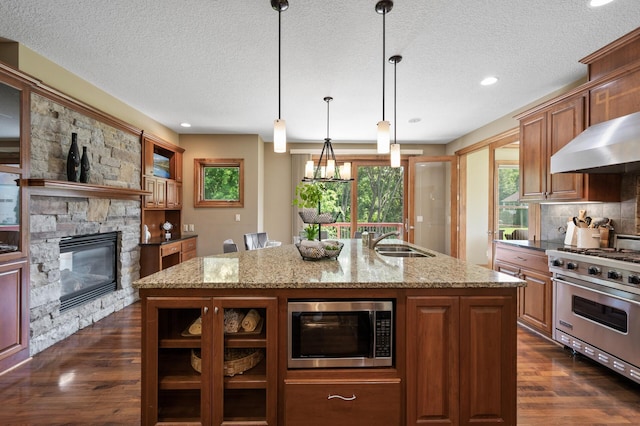 8867 Aviary Path, Inver Grove Heights, MN 55077 - kitchen with appliances with stainless steel finishes, a sink, dark wood-style flooring, a stone fireplace, and light stone counters