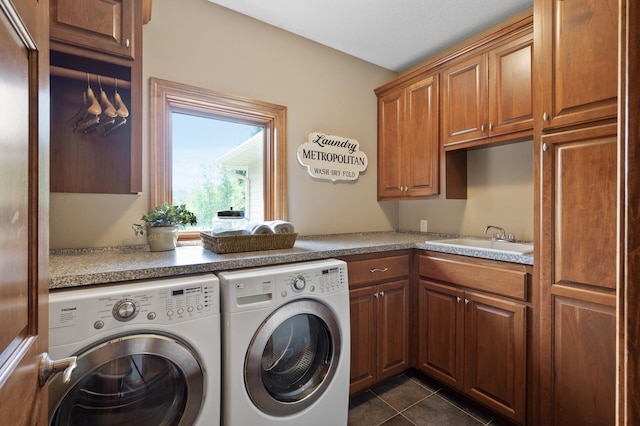 8867 Aviary Path, Inver Grove Heights, MN 55077 - laundry room featuring cabinet space, washer and dryer, and dark tile patterned floors