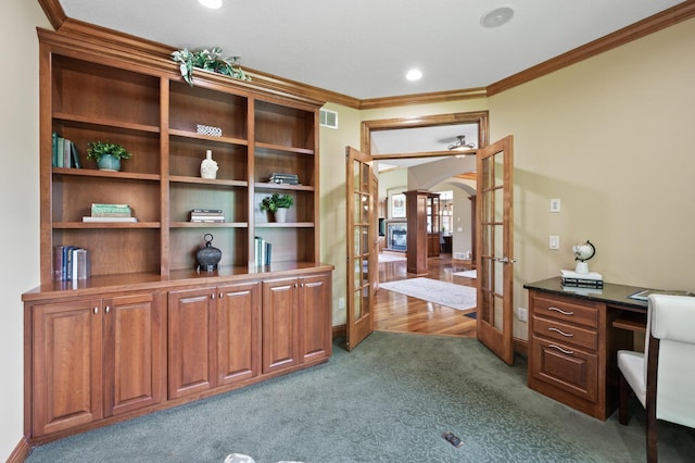 8867 Aviary Path, Inver Grove Heights, MN 55077 - office area with french doors, carpet, arched walkways, crown molding, and baseboards