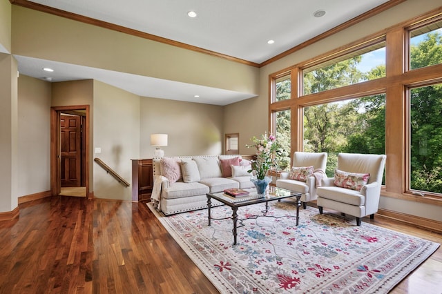 8867 Aviary Path, Inver Grove Heights, MN 55077 - living area with healthy amount of natural light, ornamental molding, wood finished floors, baseboards, and recessed lighting