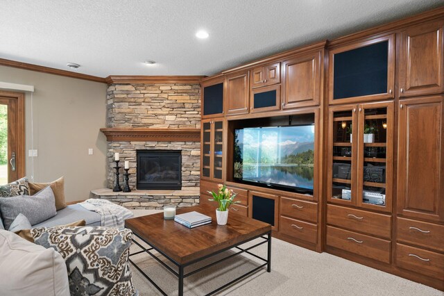 8867 Aviary Path, Inver Grove Heights, MN 55077 - carpeted living area featuring a textured ceiling, ornamental molding, a fireplace, and recessed lighting
