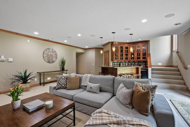 8867 Aviary Path, Inver Grove Heights, MN 55077 - living area featuring recessed lighting, stairs, light carpet, crown molding, and a textured ceiling