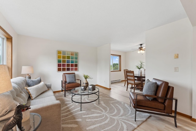 2524 Bryant Ave N, Minneapolis, MN 55411 - living room featuring a baseboard radiator, light wood-type flooring, baseboards, and a ceiling fan