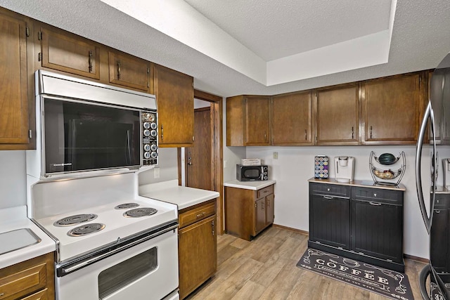 9700 Portland Ave S Unit 334, Bloomington, MN 55420 - kitchen featuring stainless steel appliances, light wood-style flooring, light countertops, and a tray ceiling