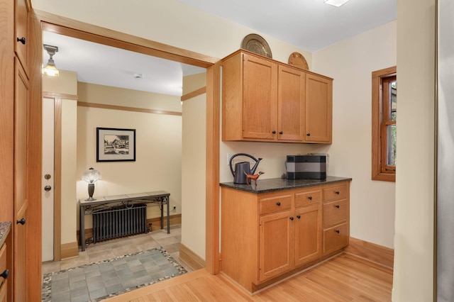 2022 Summit Ave, Saint Paul, MN 55105 - kitchen featuring dark stone counters, light wood-type flooring, radiator heating unit, and baseboards