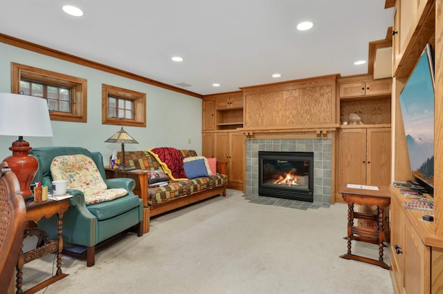 2022 Summit Ave, Saint Paul, MN 55105 - living area featuring ornamental molding, light carpet, recessed lighting, and a fireplace