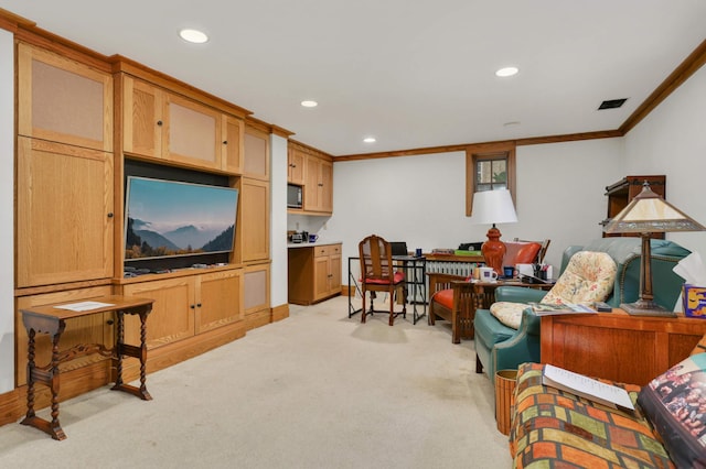 2022 Summit Ave, Saint Paul, MN 55105 - living room featuring crown molding, light colored carpet, and recessed lighting