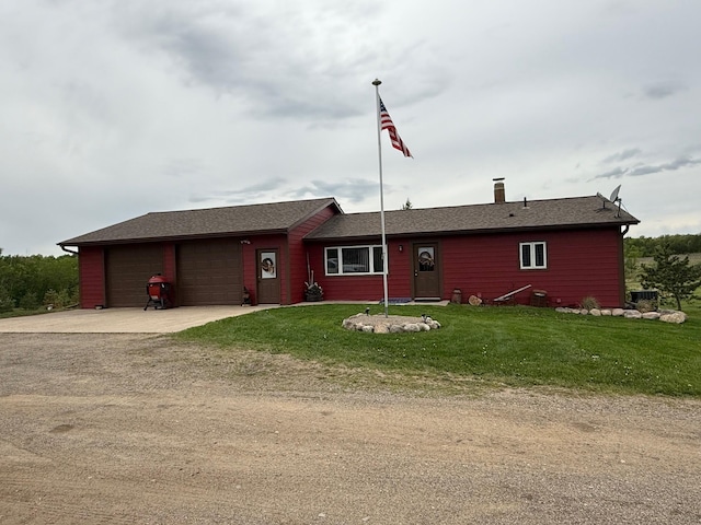 8059 29th Ave SW, Pequot Lakes, MN 56472 - single story home with a garage, concrete driveway, a front yard, central AC, and a chimney