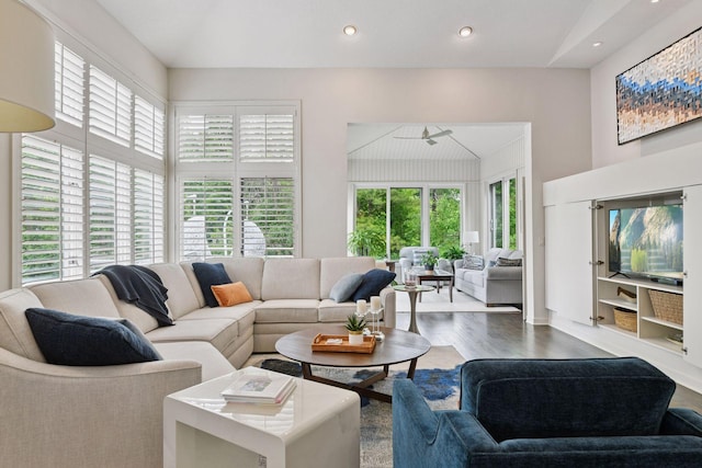 3490 Fairway Ln, Minnetonka, MN 55305 - living area with wood finished floors, a ceiling fan, and recessed lighting
