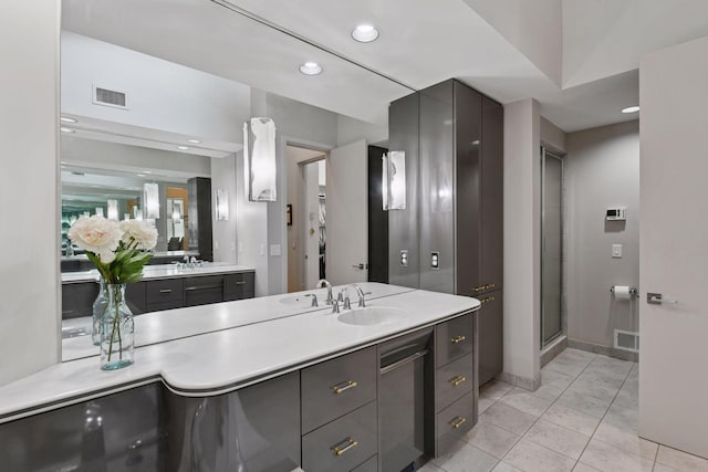 3490 Fairway Ln, Minnetonka, MN 55305 - bathroom with vanity, recessed lighting, tile patterned flooring, baseboards, and a stall shower