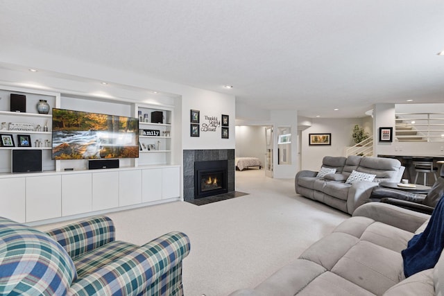3490 Fairway Ln, Minnetonka, MN 55305 - carpeted living area with a fireplace, recessed lighting, and stairway