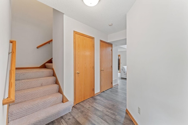 18504 Peach Tree Ct, Minnetonka, MN 55345 - staircase featuring wood finished floors, baseboards, and a textured ceiling