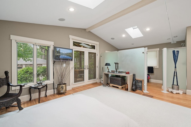 475 Lakeview Ave, Tonka Bay, MN 55331 - bedroom featuring a skylight, wood finished floors, access to outside, and recessed lighting