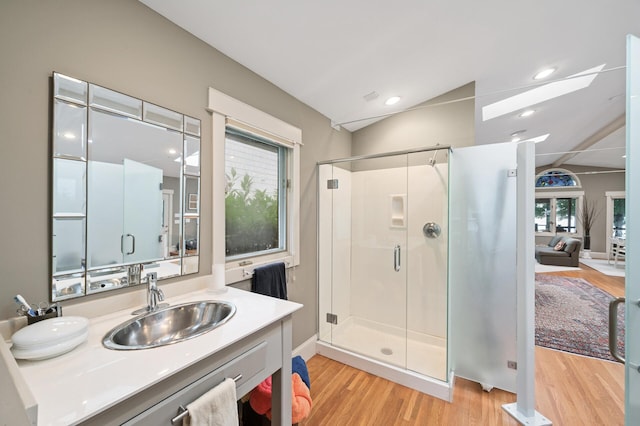 475 Lakeview Ave, Tonka Bay, MN 55331 - full bath with vaulted ceiling, wood finished floors, a shower stall, vanity, and a skylight