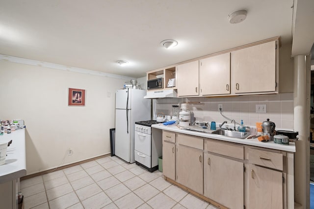 475 Lakeview Ave, Tonka Bay, MN 55331 - kitchen with white appliances, light countertops, tasteful backsplash, open shelves, and ornamental molding
