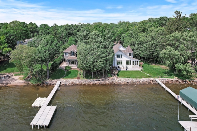475 Lakeview Ave, Tonka Bay, MN 55331 - dock area featuring a water view, a yard, and a forest view