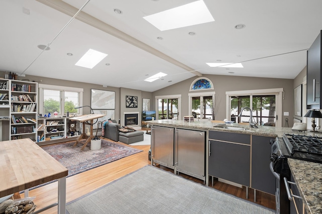 475 Lakeview Ave, Tonka Bay, MN 55331 - kitchen featuring a skylight, gas range oven, light wood-type flooring, lofted ceiling, and plenty of natural light