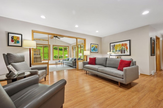 3933 Dartmouth Dr, Minnetonka, MN 55345 - living room featuring baseboards, light wood-type flooring, lofted ceiling, a ceiling fan, and recessed lighting