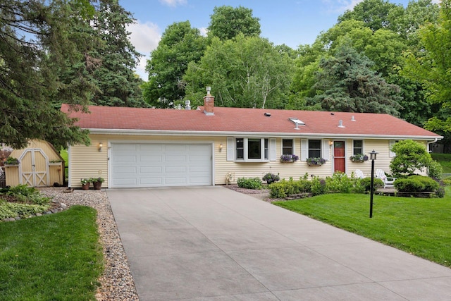 3933 Dartmouth Dr, Minnetonka, MN 55345 - single story home with a front lawn, an attached garage, a chimney, concrete driveway, and a storage unit
