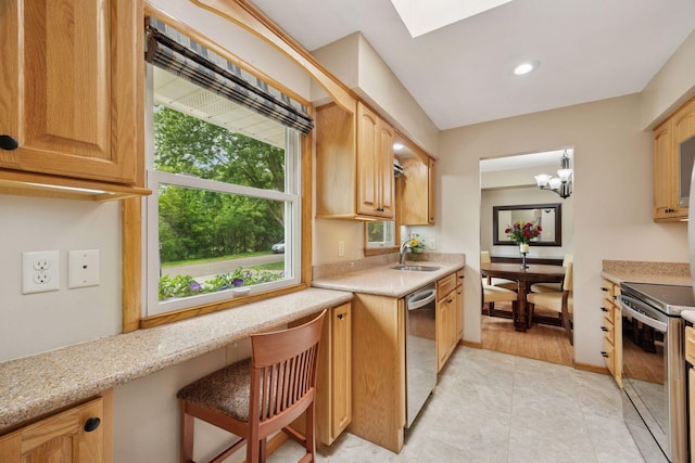3933 Dartmouth Dr, Minnetonka, MN 55345 - kitchen featuring appliances with stainless steel finishes, a skylight, light stone countertops, light tile patterned floors, and recessed lighting