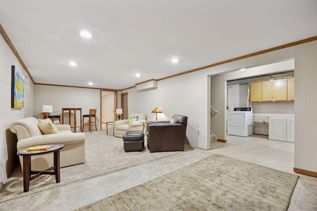 3933 Dartmouth Dr, Minnetonka, MN 55345 - living area featuring ornamental molding, washer and dryer, recessed lighting, a wall mounted AC, and stairway