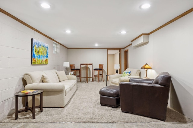 3933 Dartmouth Dr, Minnetonka, MN 55345 - living room with ornamental molding, recessed lighting, and concrete block wall
