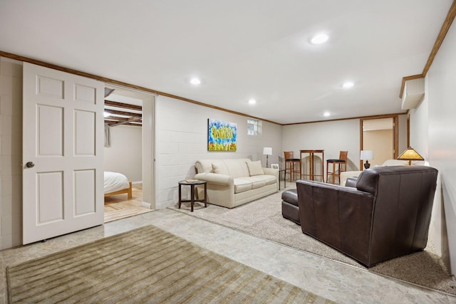 3933 Dartmouth Dr, Minnetonka, MN 55345 - living room with recessed lighting, ornamental molding, and concrete block wall
