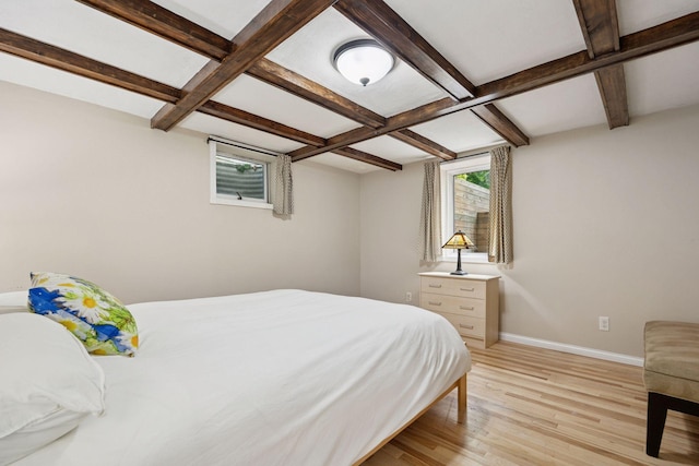 3933 Dartmouth Dr, Minnetonka, MN 55345 - bedroom with coffered ceiling, light wood-style flooring, baseboards, and beamed ceiling