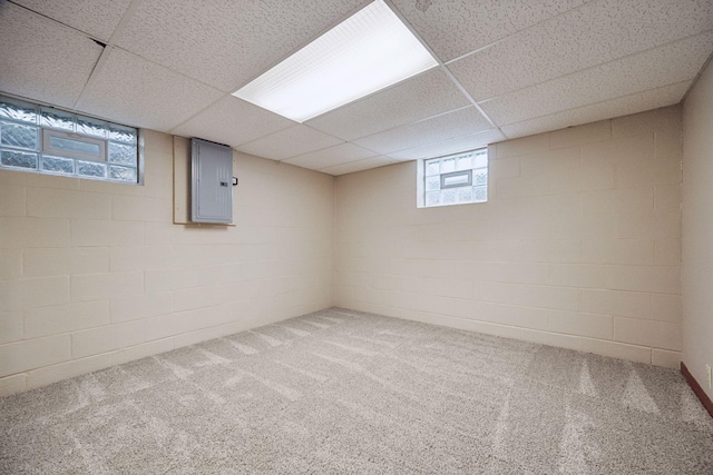 3933 Dartmouth Dr, Minnetonka, MN 55345 - basement with electric panel, a drop ceiling, carpet, and concrete block wall