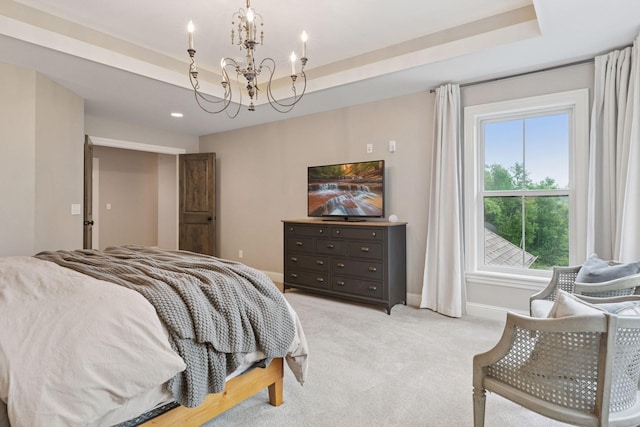 1432 25th St, Saint Joseph Twp, WI 54082 - bedroom featuring a chandelier, light colored carpet, a raised ceiling, and baseboards