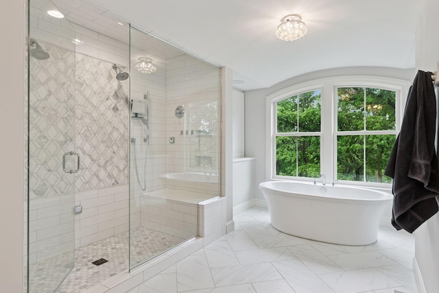 1432 25th St, Saint Joseph Twp, WI 54082 - bathroom with a soaking tub, a stall shower, and baseboards