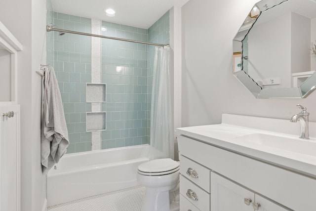 1432 25th St, Saint Joseph Twp, WI 54082 - bathroom featuring vanity, shower / tub combo with curtain, toilet, and tile patterned floors