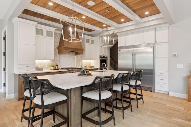 1432 25th St, Saint Joseph Twp, WI 54082 - kitchen with stainless steel built in refrigerator, wood ceiling with exposed beams, tasteful backsplash, light wood-style floors, and light countertops