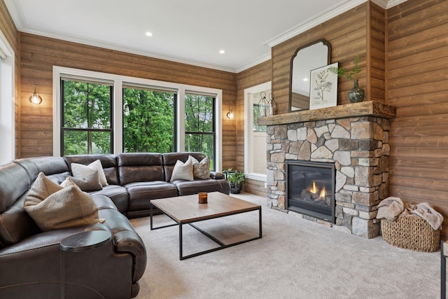 1432 25th St, Saint Joseph Twp, WI 54082 - carpeted living room featuring ornamental molding, a stone fireplace, and recessed lighting