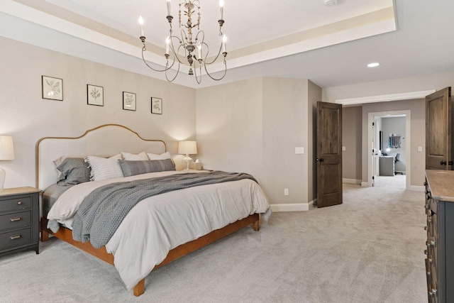 1432 25th St, Saint Joseph Twp, WI 54082 - bedroom featuring a chandelier, light carpet, baseboards, recessed lighting, and a raised ceiling