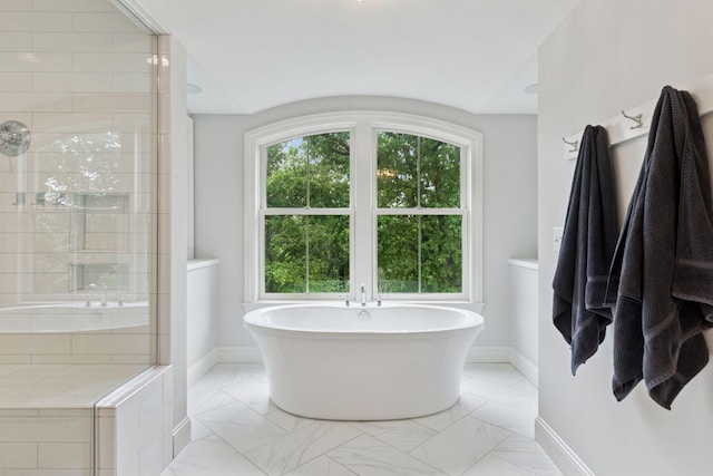 1432 25th St, Saint Joseph Twp, WI 54082 - full bathroom with a freestanding bath, a tile shower, marble finish flooring, and baseboards