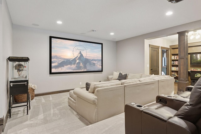 1432 25th St, Saint Joseph Twp, WI 54082 - home theater room with ornate columns, light colored carpet, recessed lighting, and baseboards